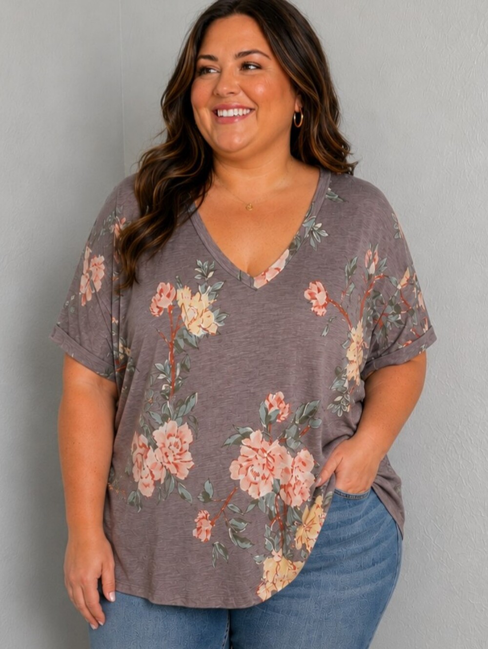 24/7 Light Brown Top with Colorful Floral, Short Sleeves, V-neck, Size 3X